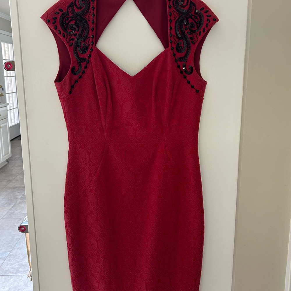 Maggy London Red Backless Dress with Black Detailing